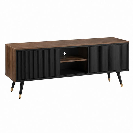 TV-Lowboard Walnuss Schwarz aus Spanplatte mit Rillenfront 160 x 40 x 60 cm