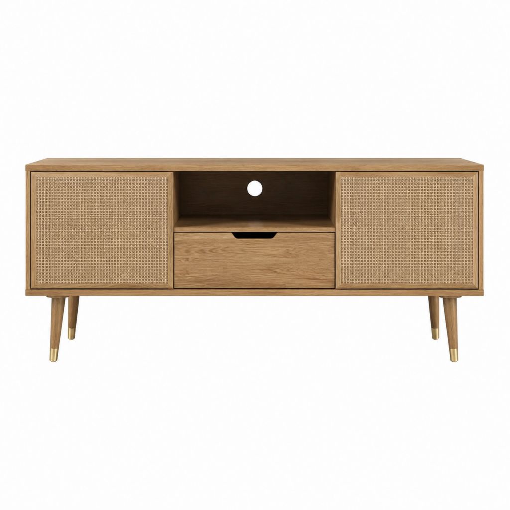 TV-Lowboard Rechteckig Eichenoptik MDF mit Rattan-Geflecht 120 x 40 x 60 cm