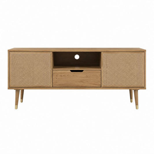 TV-Lowboard Rechteckig Eichenoptik MDF mit Rattan-Geflecht 120 x 40 x 60 cm