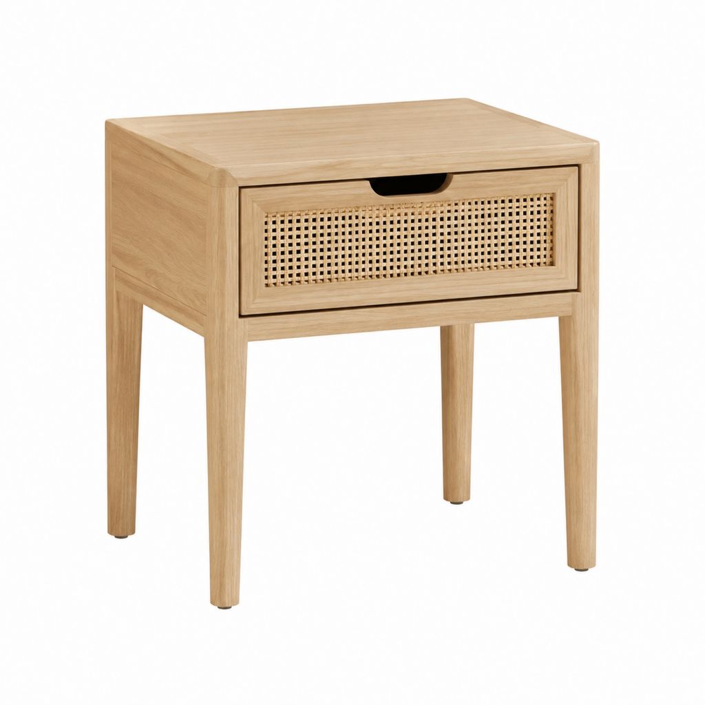 Beistelltisch mit Schublade Natur Eichenfurnier Rattan rechteckig 45 x 40 x 60 cm