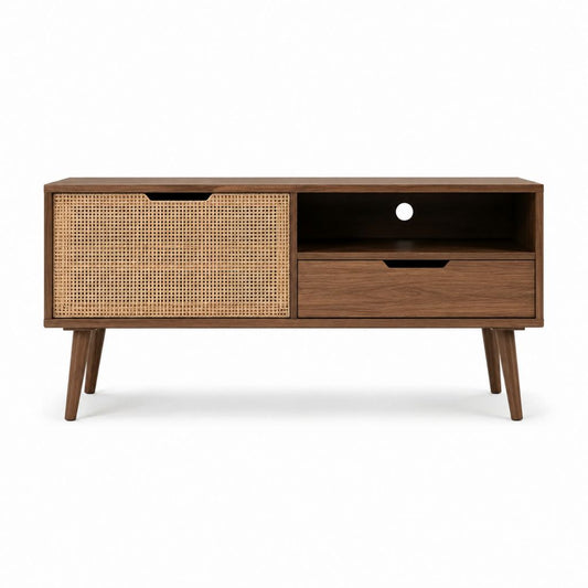 TV-Lowboard Walnussbraun aus MDF und Rattan Rechteckig 120 x 40 x 60 cm