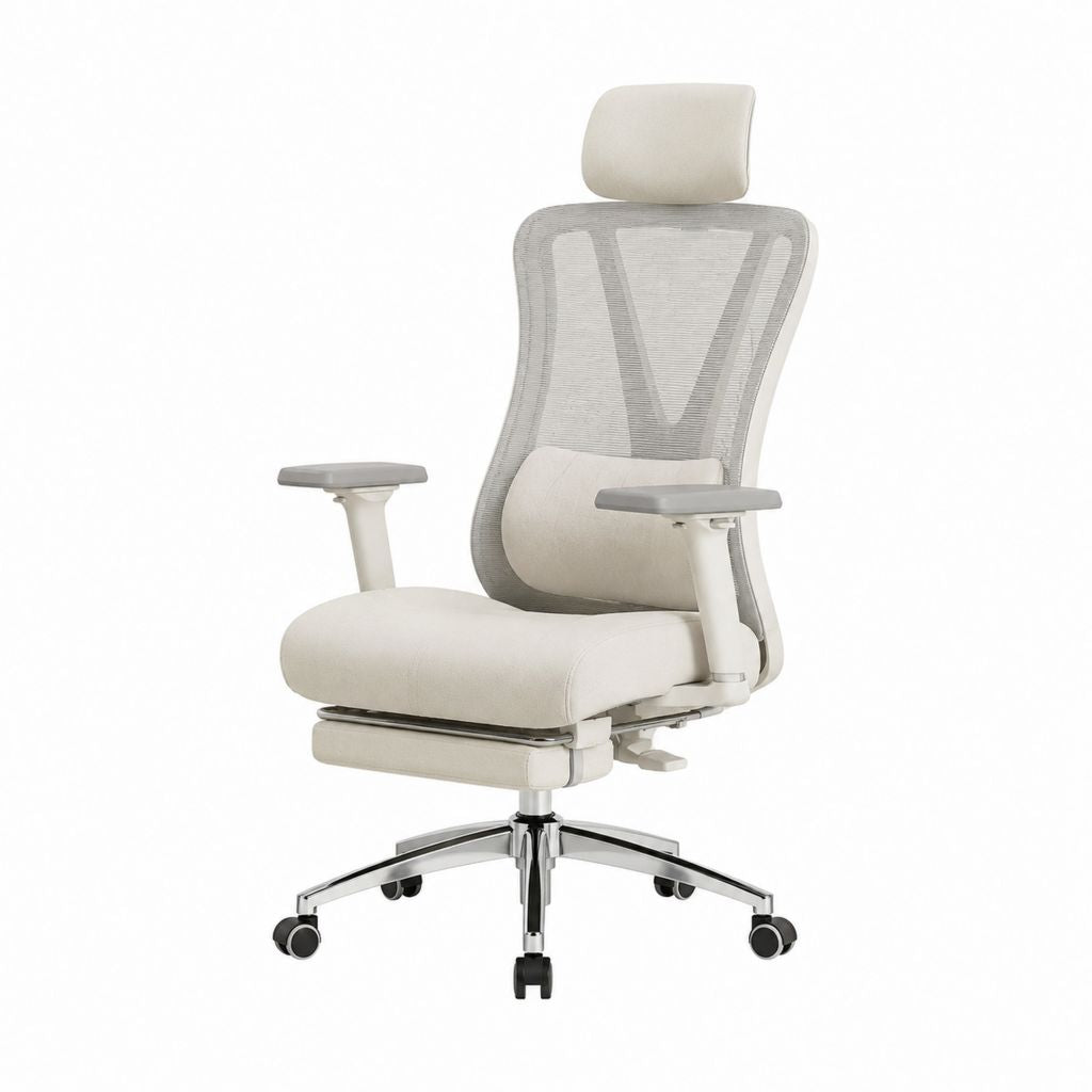 Ergonomischer Bürostuhl Drehstuhl Beige Grau mit Polyester-Netzrücken Kopfstütze und Rollen 68 x 68 x 118-128 cm