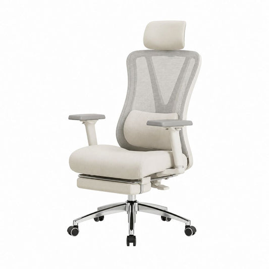 Ergonomischer Bürostuhl Drehstuhl Beige Grau mit Polyester-Netzrücken Kopfstütze und Rollen 68 x 68 x 118-128 cm