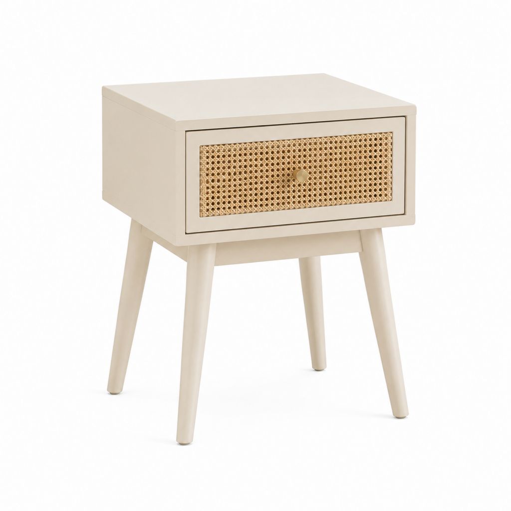 Nachttisch mit Schublade Creme MDF Rattan rechteckig 40 x 35 x 55 cm
